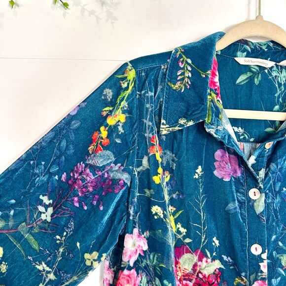 Soft Surroundings Velvet Floral Blouse Top Womens Medium Blue Button Down Shirt - Picture 5 of 15